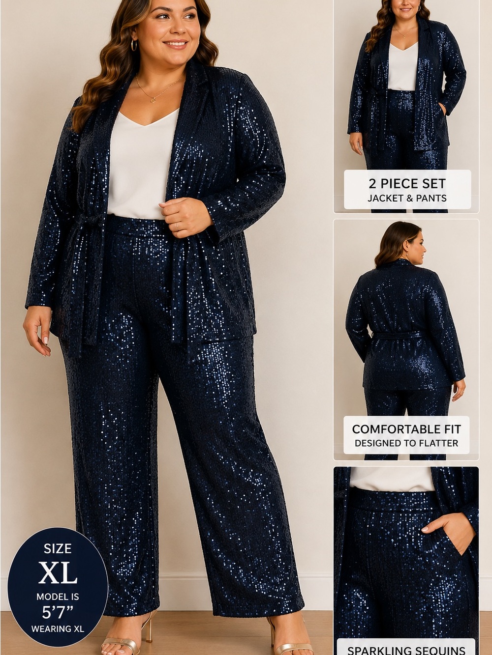 JustFab Navy Blue Sequin Belted Blazer
